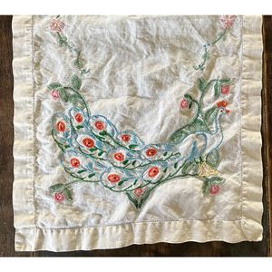 Vintage Embroidered Peacock Tablecloth Runner Centerpiece